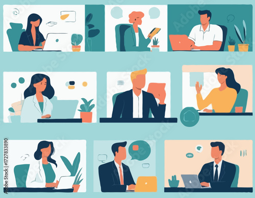 Video call conference, working from home, social distancing, business discussion, colleagues sharing materials