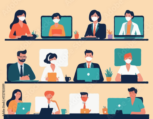 Video call conference, working from home, social distancing, business discussion, colleagues sharing materials