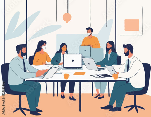 Video call conference, working from home, social distancing, business discussion, colleagues sharing materials
