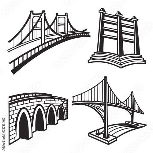 A collection of four distinct black and white vector illustrations of various architectural bridge designs showcasing different engineering styles and construction methods