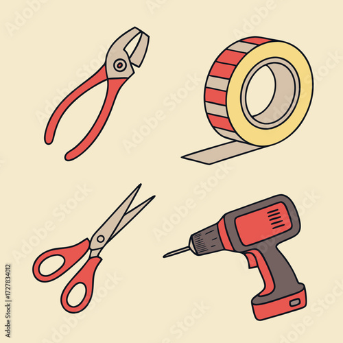 A collection of four essential diy and crafting tools including pliers tape scissors and a drill presented in a clean simple illustration style with a light beige background