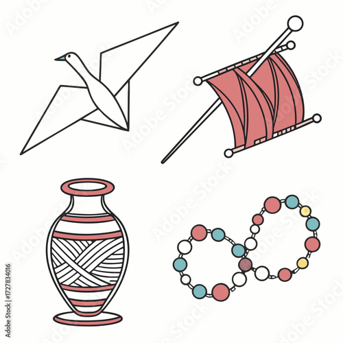 A collection of four distinct graphic illustrations featuring an origami bird a viking ship sail a decorative vase and an infinity symbol made of colorful beads on a white background