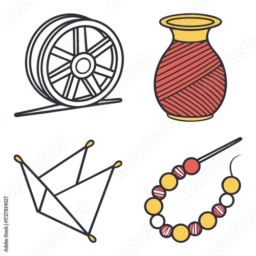 A collection of four hand drawn flat design icons representing crafting and diy projects including a spool of thread a yarn bobbin origami paper and a beaded necklace on a needle