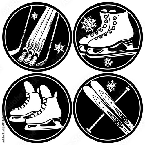 A collection of four circular black and white graphic icons representing winter sports including hockey sticks and pucks ice skates and skis with poles and snowflakes