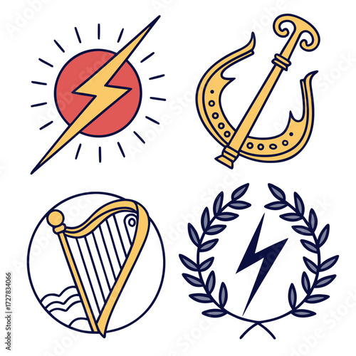 A collection of four stylized icons representing ancient greek mythology and symbols including a lightning bolt with the sun a trident a harp and a lightning bolt within a laurel wreath