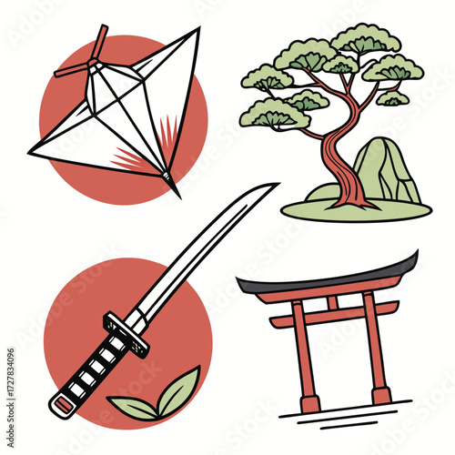 A collection of iconic japanese cultural symbols including a samurai sword a traditional torii gate a stylized bonsai tree and a paper kite against a white background with red circles