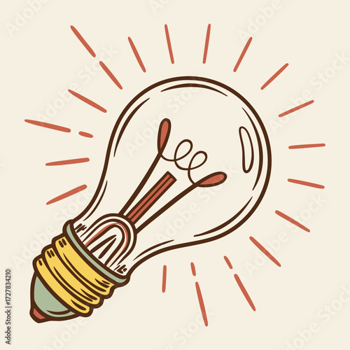 A hand drawn illustration of a glowing incandescent light bulb with radiating lines symbolizing a bright idea or inspiration against a neutral background
