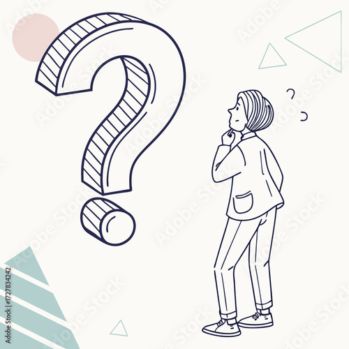 A person stands thoughtfully contemplating a large stylized question mark symbolizing confusion and the process of seeking answers and solutions