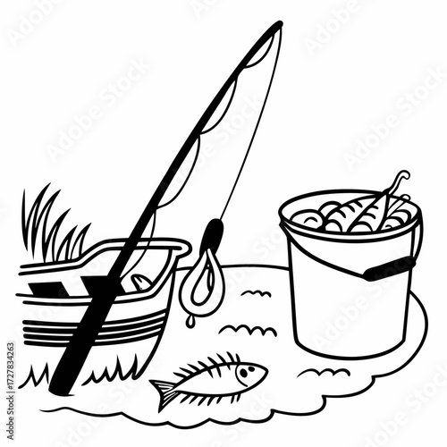A simple black and white illustration depicting a fishing rod resting on a boat with a bucket full of fish and a small fish swimming nearby