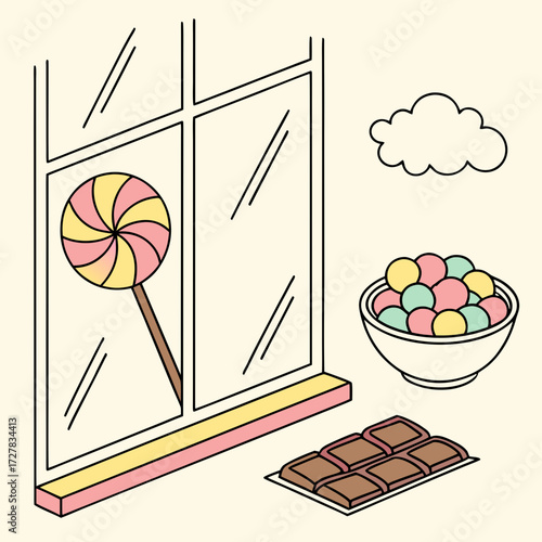 A whimsical illustration featuring a colorful swirled lollipop displayed in a window with a bowl of pastel candies and a chocolate bar on the sill