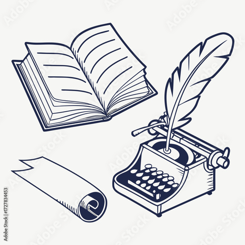 An open book a quill pen in a typewriter and a rolled scroll represent the art of writing and storytelling