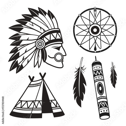 Collection of native american inspired graphic elements including a chief headdress teepee dreamcatcher feathers and a decorative totem pole on a white background