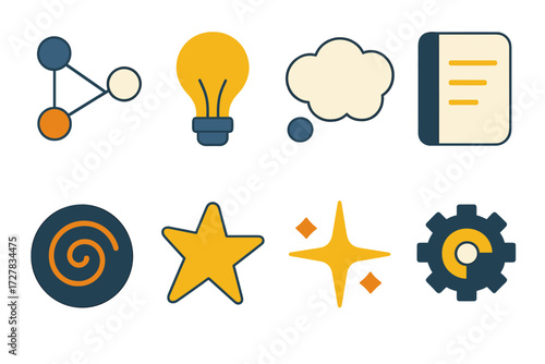 Abstract Icon Collection. Creative analysis set of icons in abstract flat : affinity graph, lightbulb, thought cloud, notepad, idea swirl, doodle