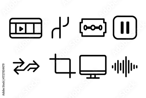 Video Editing Tools. Editing visuals icons in outline style: video timeline, split icon, razor blade, pause button, transition arrows, crop symbol,