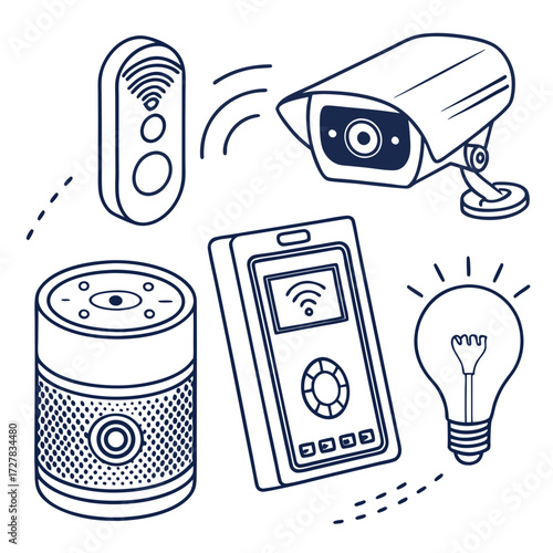 Collection of smart home devices including a security camera smart speaker remote control smartphone and light bulb all connected wirelessly