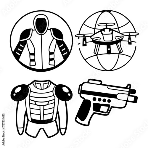 Collection of stylized black and white icons representing futuristic technology and protective gear including a drone a full body suit a torso armor and a handgun