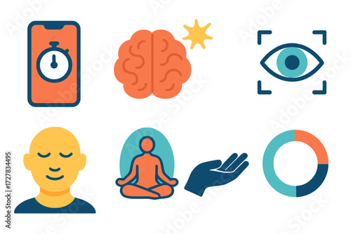 Mindful Focus Icons. Mindful usage in modern flat vector : phone with timer, brain with spark, open eye, focus target, calm face, meditation pose,