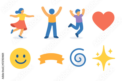 Joyful Icons Set. Joyful movement set icons in modern isometric flat : twirling figure, raised arms, jumping figure, heart symbol, smiling face,