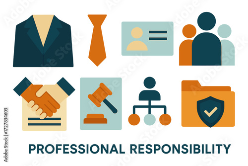 Professional Icon Set. Professional responsibility set of icons in abstract flat : suit jacket, tie, business card, group of people, contract