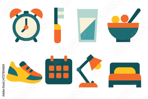 Daily Habits Icons. Daily habits set of icons in abstract flat : alarm clock, toothbrush, water glass, breakfast bowl, running shoe, calendar, desk