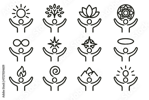 Spiritual Icon Collection. Spiritual open arms icons in outline style: radiant sun, tree of life, lotus flower, mandala circle, infinity loop,