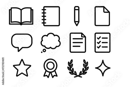 Minimalist Blog Post Icons. Basic blog post icons in outline style: open book, notebook, pencil, paper sheet, speech bubble, thought bubble, document