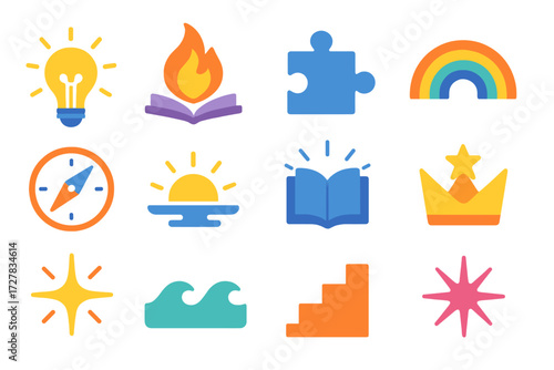 Iconic Inspirations Collection. Creative kickoff point in modern flat vector : lightbulb idea, storytelling flame, puzzle piece, rainbow arc, guiding