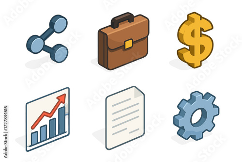 Business Icons Set. Business tools set icons in modern isometric flat : share icon, briefcase, dollar sign, chart, document, gear