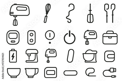 Mixer Appliance Icons. Appliance basics icons in outline style: cordless hand mixer, detachable whisk, dough hook, beater attachments, digital