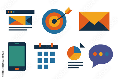 Marketing Icons. Marketing icons set of icons in abstract flat : web banner, target dart, rising graph, email envelope, smartphone, calendar, chart
