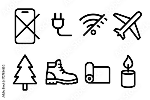 Digital Detox Icons. Digital detox icons in outline style: crossed-out phone, unplug symbol, no wifi signal, airplane mode, outdoor tree, hiking boot