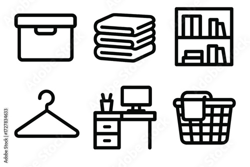 Organized Home Symbols. Organized home icons in outline style: storage box, folded clothes, bookshelf, tidy desk, hanger, laundry basket
