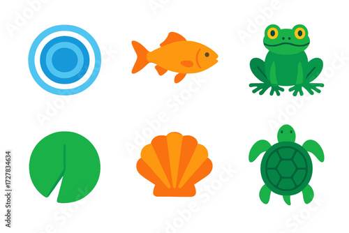 Vibrant Aquatic Icons. Aquatic life in modern flat vector : water ripple, fish, frog, lily pad, shell, turtle