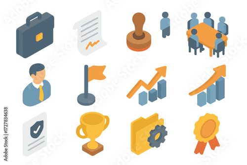 Business Icon Set. Business partner icon set icons in modern isometric flat : briefcase, contract paper, approval stamp, meeting table, supervisor