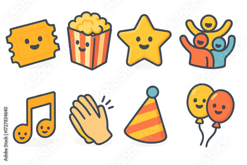 Playful Ticket Icons. Playful ticket icons set icons in modern isometric flat : smiling ticket stub, cartoon popcorn, happy star, cheering crowd,