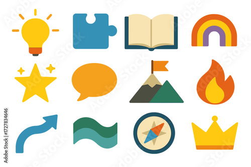 Storytelling Icons. Creative storytelling set of icons in abstract flat : lightbulb idea, puzzle piece, open book, rainbow arc, glowing star, speech