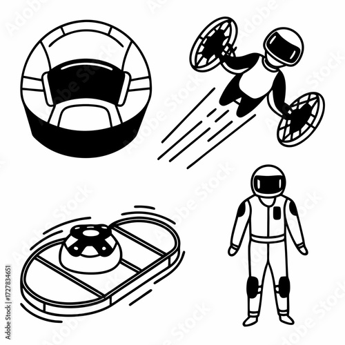 Futuristic transportation and personal mobility concepts including a hoverboard a person in a spacesuit a person flying with jetpack style drones and a helmet