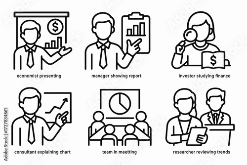 Finance and Analysis Icons. Situations icons in outline style: economist presenting findings, manager showing report, investor analyzing data,