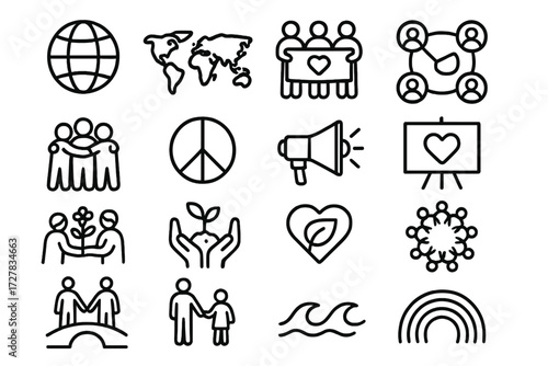 Global Unity Icons. Global compassion icons in outline style: globe, world map, unity banner, partnership nodes, group hug, peace symbol, advocacy