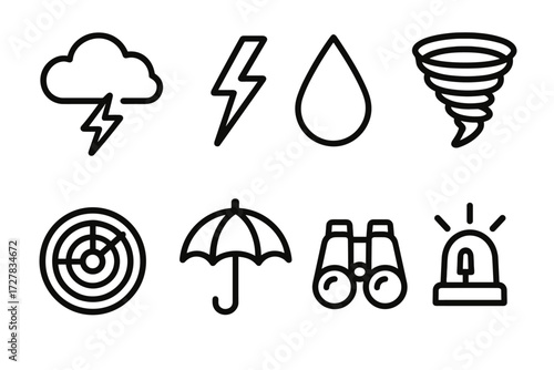 Weather Icons Collection. Objects icons in outline style: storm cloud, lightning bolt, rain droplet, tornado icon, radar screen, umbrella, binoculars