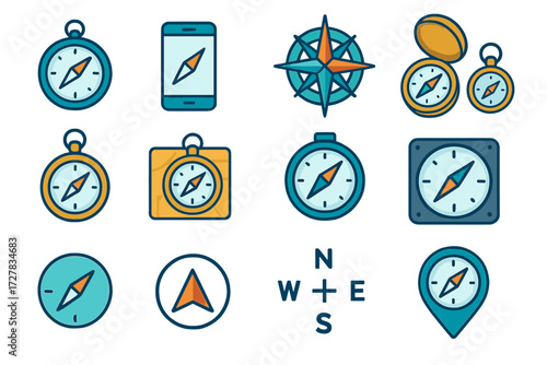 Vibrant Compass Icons. Navigation basics in modern flat vector : classic compass, digital compass, compass rose, handheld compass, pocket compass,