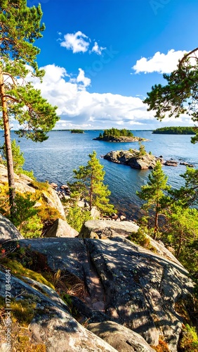 Scenic lake vista with rocky shore and pine trees