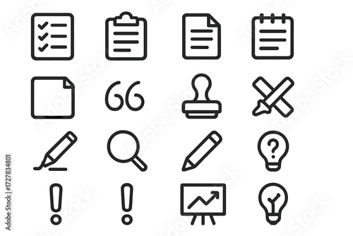 Basic Office Icons. Review basics icons in outline style: checklist, clipboard, document page, draft paper, notebook, sticky notes, annotation marks,