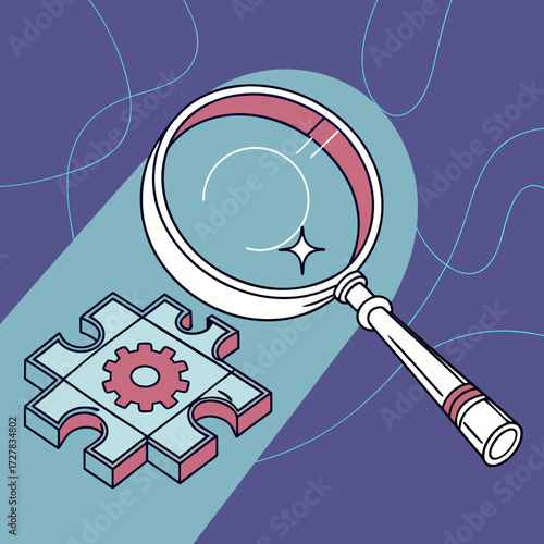 Magnifying glass examining a puzzle piece with a gear in the center representing analysis problem solving and finding solutions in a stylized abstract design