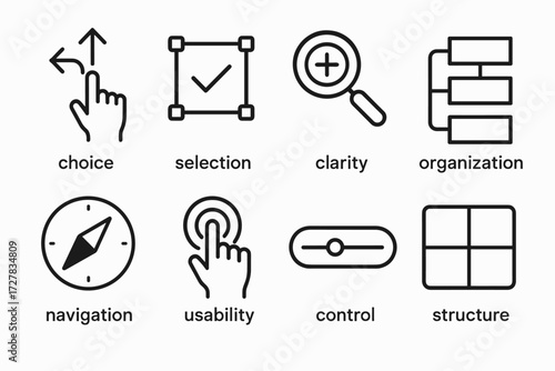 Concept Icons Overview. Concepts icons in outline style: choice, selection, clarity, organization, navigation, usability, control, structure