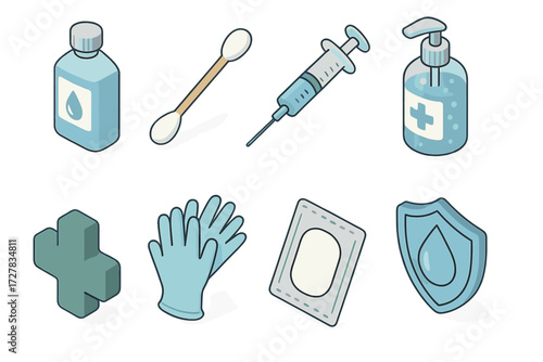 Disinfectant Icons Isometric. Medical disinfectant visuals set icons in modern isometric flat : alcohol bottle, cotton swab, syringe, sanitizer gel,