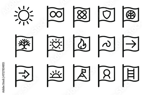 Milestone Icon Collection. Symbolic milestone flag icons in outline style: radiant sun, infinity loop, harmony knot, protective shield, tree of life,