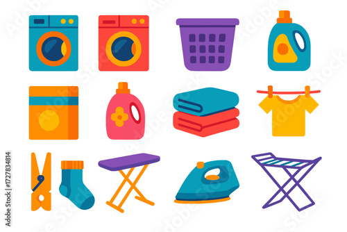 Modern Laundry Essentials. Laundry basics in modern flat vector : washing machine, dryer, laundry basket, detergent bottle, detergent box, fabric
