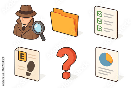 Investigation Icons Collection. Investigation process set icons in modern isometric flat : detective magnifier, file folder, checklist, evidence paper
