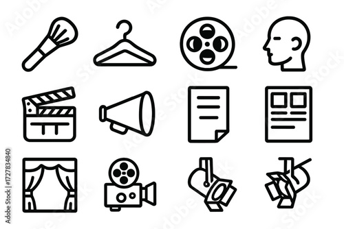 Cinema Production Icons. Behind the scenes icons in outline style: makeup brush, wardrobe hanger, film reel, clapboard, headCinema production set